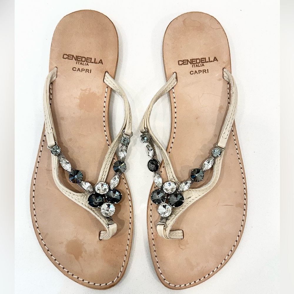 Cenedella Italia Capri Flip Flops Handmade, Black & Silver Rhinestones (Size 38)